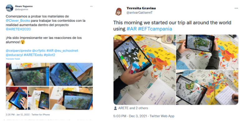Two tweets with pictures of people using tablets and the materials provided by the project